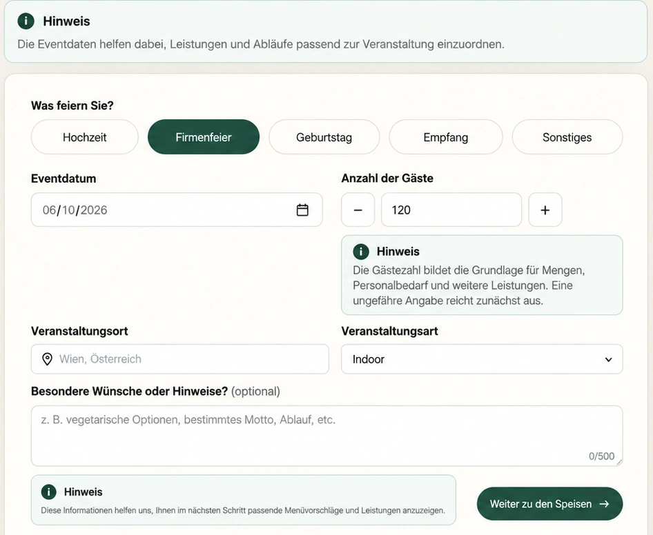 Eventdaten mit Firmenfeier, Gästezahl und erklärenden Beratungshinweisen