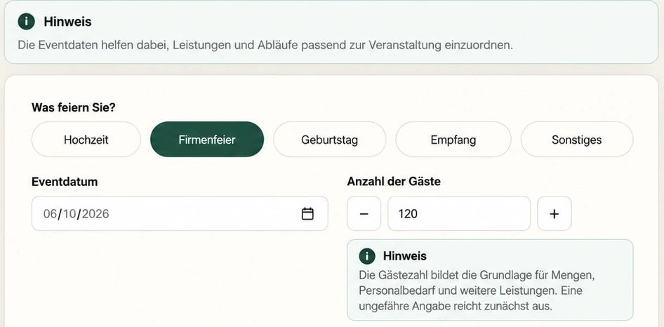CateringFlow Eventdaten: Veranstaltungsart, Datum, Gästezahl und digitale Beratung