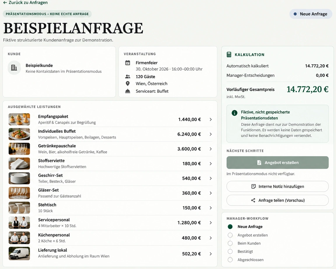 Manager-Beispielanfrage mit Firmenfeier für 120 Gäste, Leistungen, vorläufiger Kalkulation und Bearbeitungsstatus